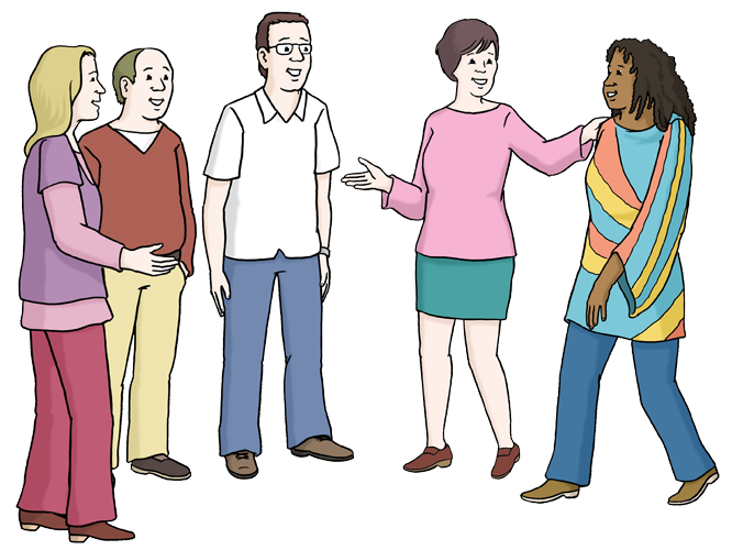 Vier Personen heißen eine fünfte Person in ihrem Kreis willkommen