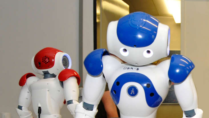 Ein blau-weißer und ein rot-weißer Roboter