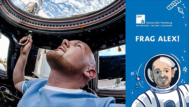 Links sieht man einen Mann in einer Raumschiffkapsel, der in den Himmel nach oben schaut. Daneben sieht man einen Zeichentrick-Astronauten. Über ihm steht: Frag Alex. Darüber ist das Logo der Uni Hamburg.