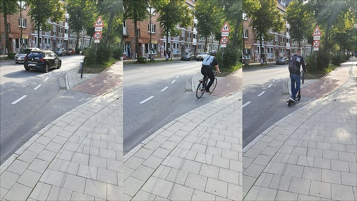 Drei Bilder eines Radwegs in der Stadt. Auf dem mittigen fährt eine Person Rad, auf dem rechten einen E-Roller