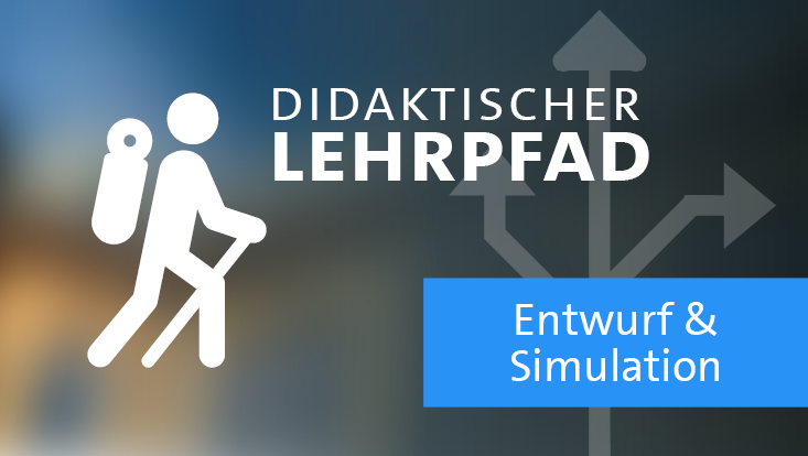Wanderer-Icon neben dem Titel "Didaktischer Lehrpfad". Darunter ein Fähnchen mit der Beschriftung "Entwurf und Simulation" auf hellblauen Grund.