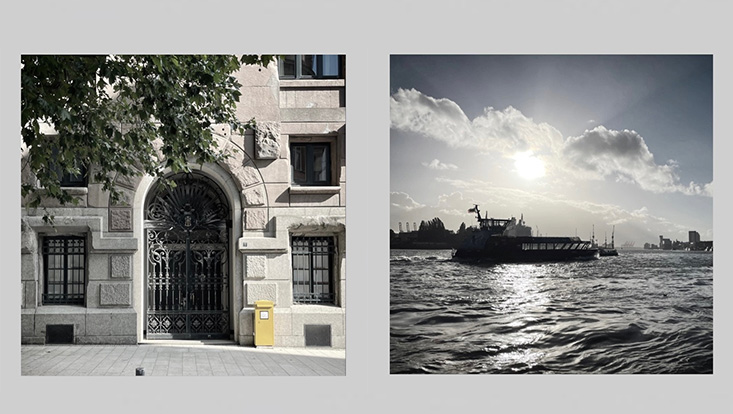 Auf dem linken Foto ist eine Hausfassade aus Stein mit einem schwarzen Rundbogen-Tor abgebildet und auf dem rechten Foto ein Schiff auf dem Wasser.