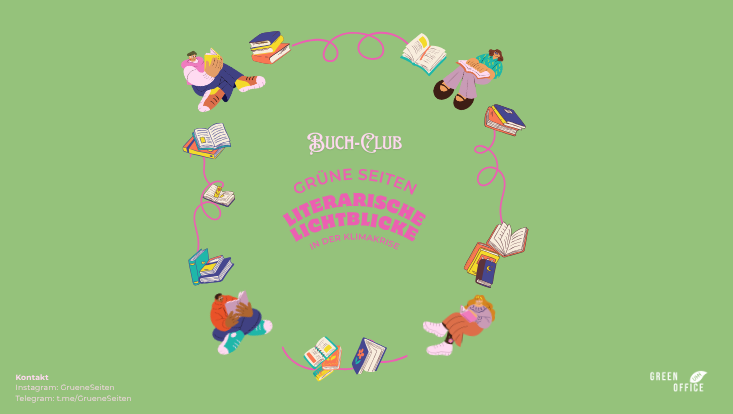 Text "Buchclub Grüne Seiten - Literarische Lichtblicke in der Klimakrise"  vor einem grünen Hintergrund, darum herum sind lesende Personen und Bücher animiert