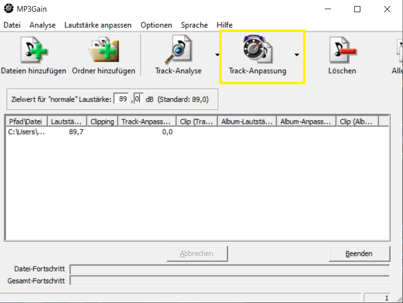 Screenshot der Software MP3Gain