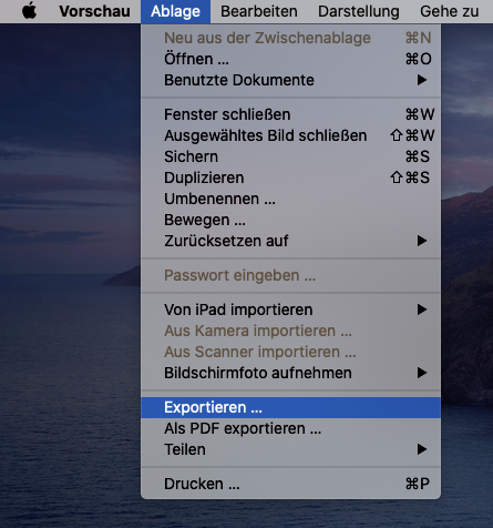 Screenshot of the menu of the software Preview, produced by the company Apple